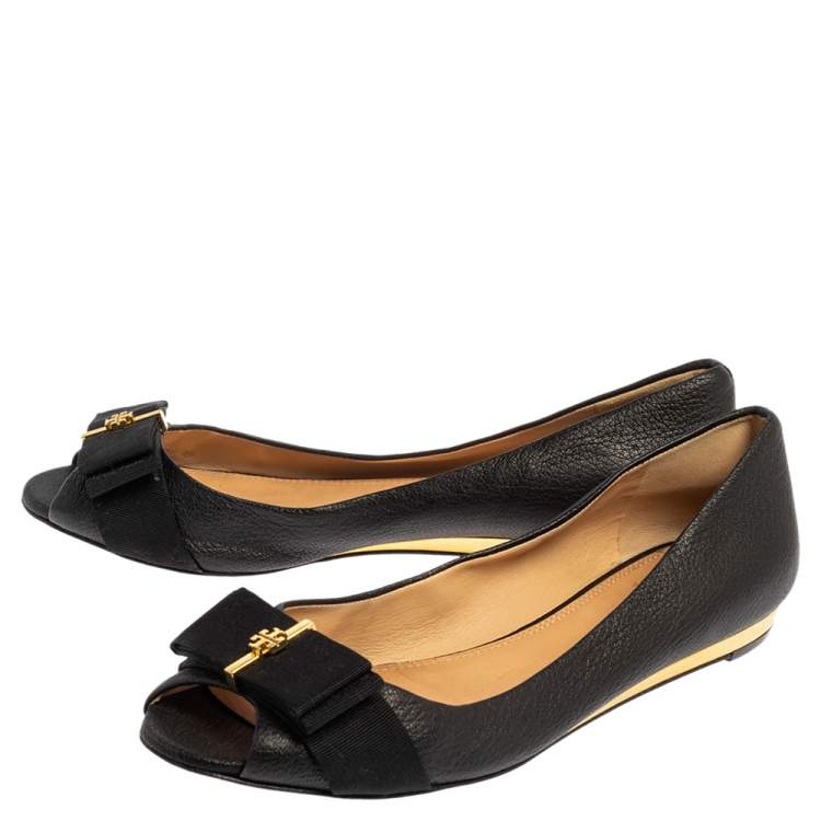 Pre Owned Tory Burch Black Leather Peep Toe Bow Flats Size 39