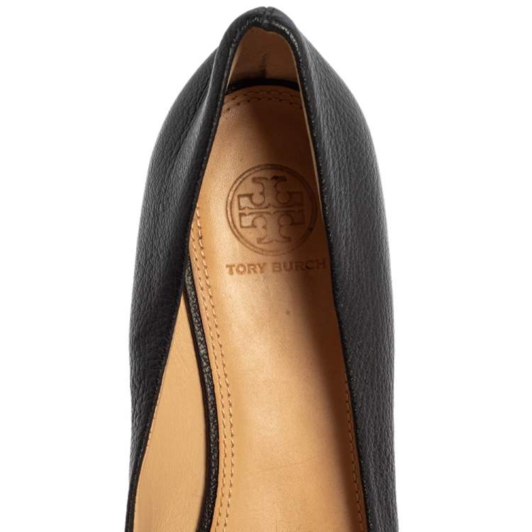 Pre Owned Tory Burch Black Leather Peep Toe Bow Flats Size 39