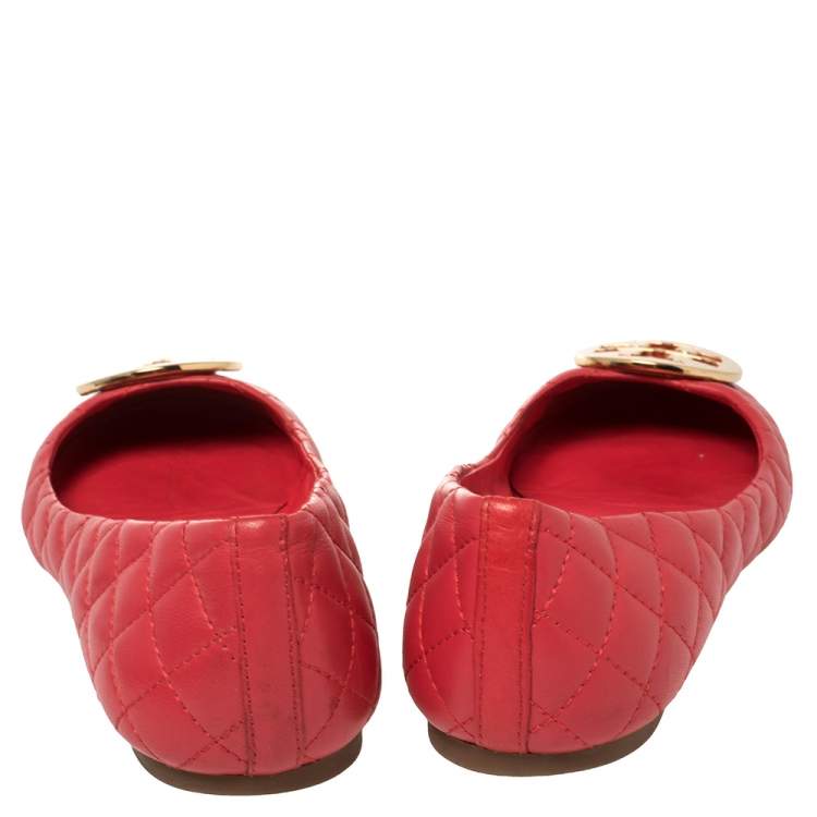 Pre Owned Tory Burch Red Quilted Leather Reva Ballet Flats Size 38.5