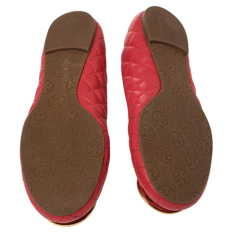 Pre Owned Tory Burch Red Quilted Leather Reva Ballet Flats Size 38.5