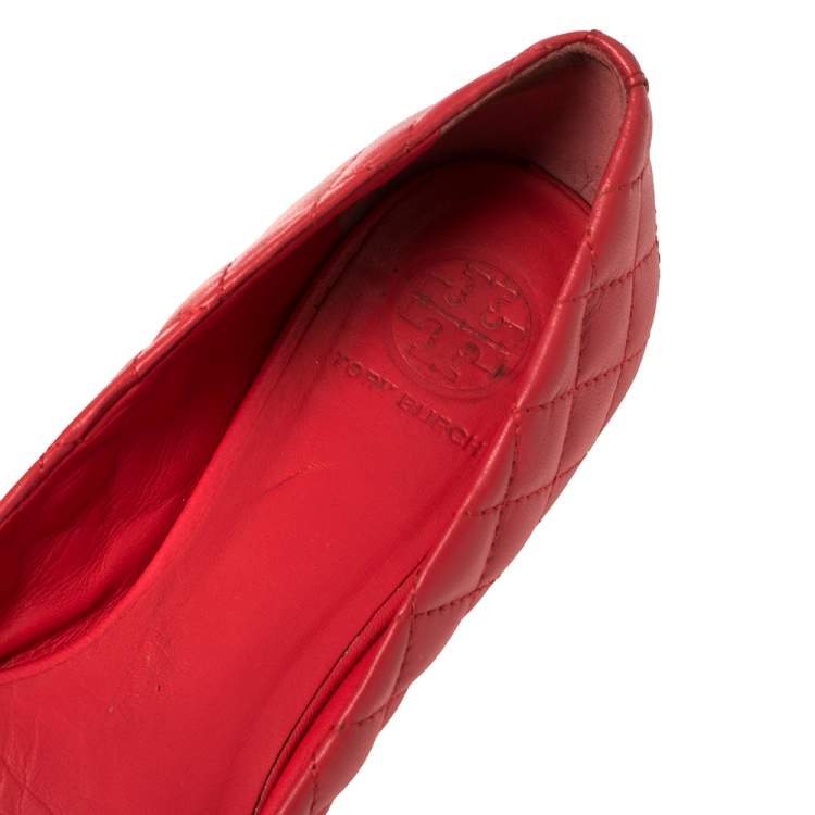 Pre Owned Tory Burch Red Quilted Leather Reva Ballet Flats Size 38.5