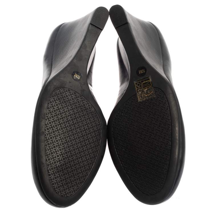 Pre Owned Tory Burch Black Leather Logo Wedge Pumps Size 40
