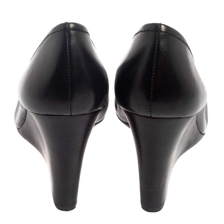 Pre Owned Tory Burch Black Leather Logo Wedge Pumps Size 40