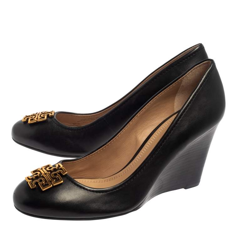 Pre Owned Tory Burch Black Leather Logo Wedge Pumps Size 40