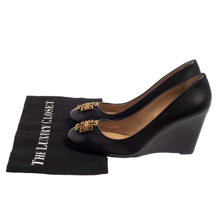 Pre Owned Tory Burch Black Leather Logo Wedge Pumps Size 40