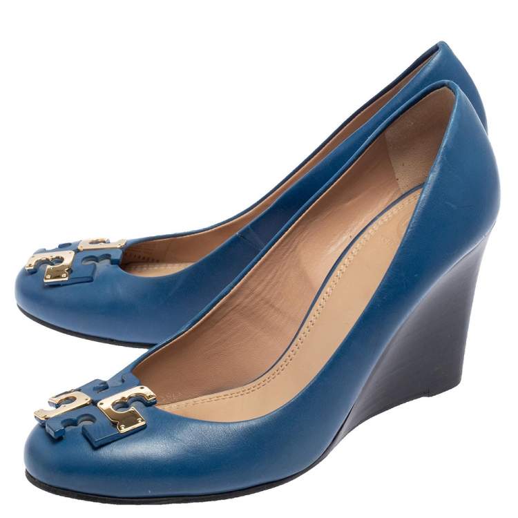 Pre Owned Tory Burch Blue Leather Lowell Wedge Pump Size 39