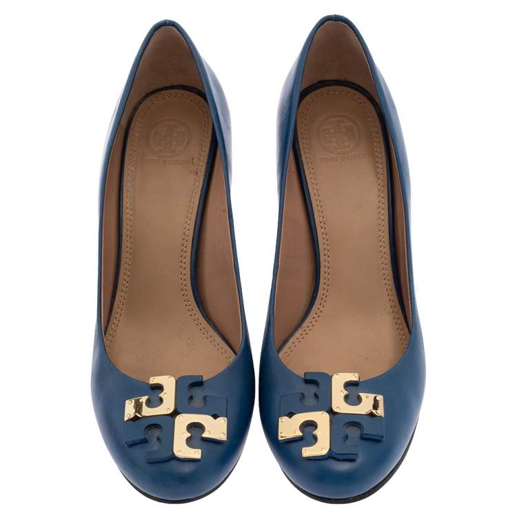 Pre Owned Tory Burch Blue Leather Lowell Wedge Pump Size 39
