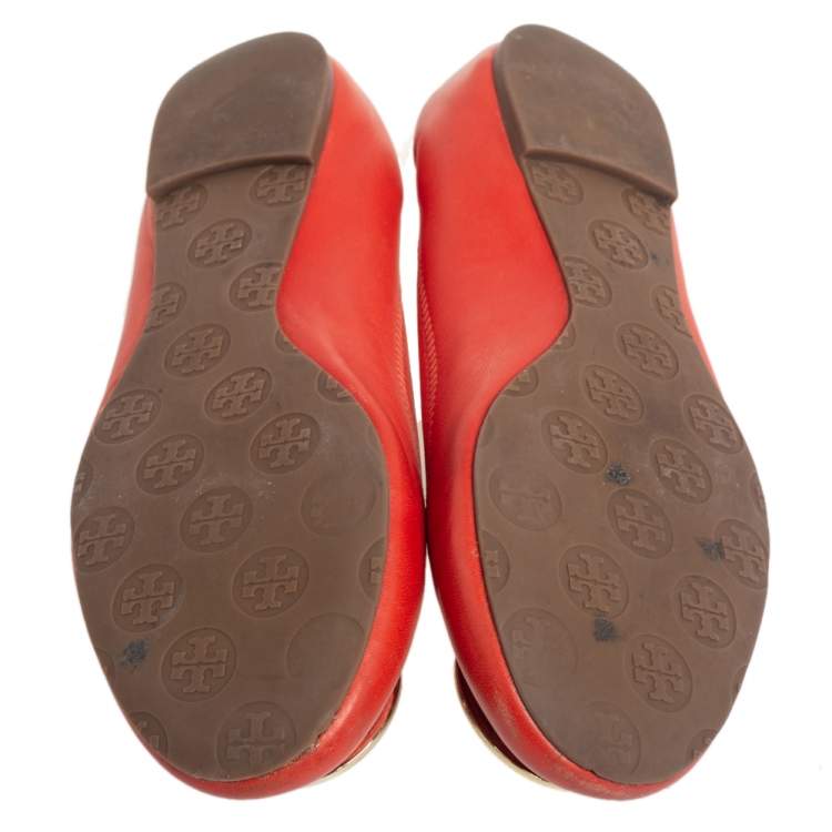 Pre Owned Tory Burch Orange Leather Minnie Ballet Flats Size 39