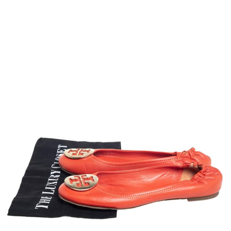 Pre Owned Tory Burch Orange Leather Minnie Ballet Flats Size 39