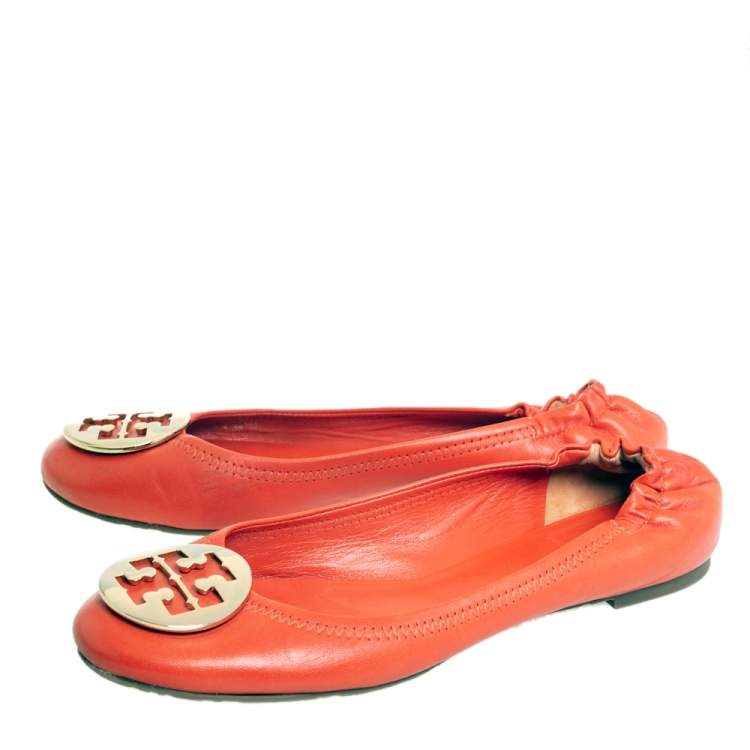 Pre Owned Tory Burch Orange Leather Minnie Ballet Flats Size 39