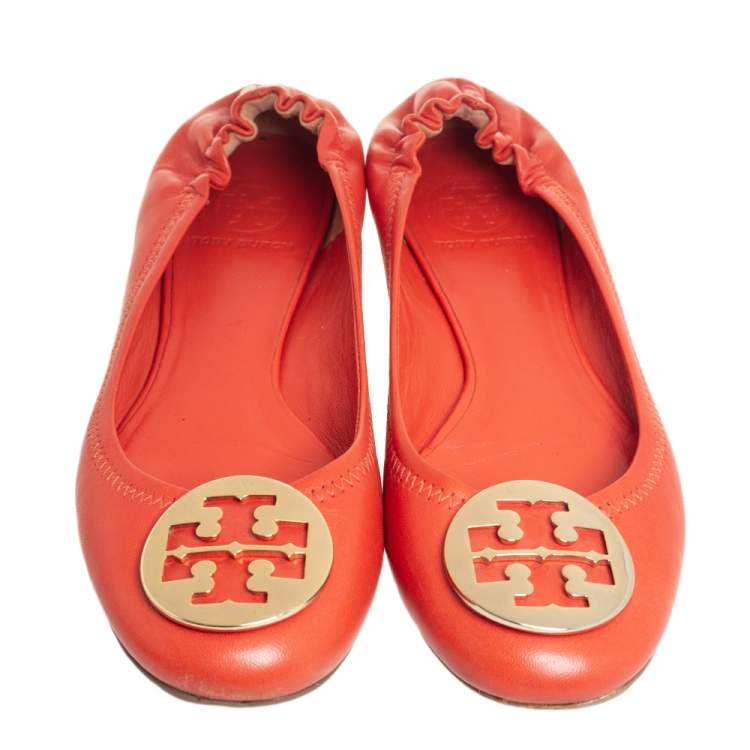 Pre Owned Tory Burch Orange Leather Minnie Ballet Flats Size 39