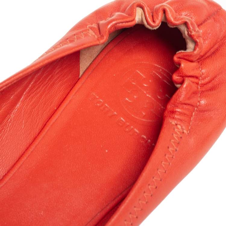 Pre Owned Tory Burch Orange Leather Minnie Ballet Flats Size 39