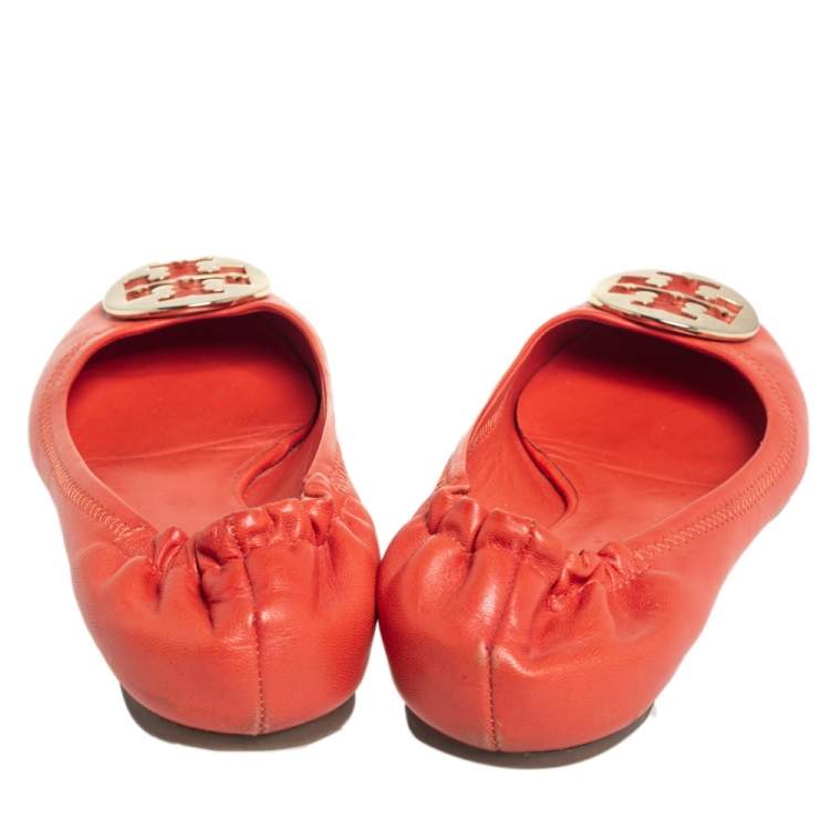Pre Owned Tory Burch Orange Leather Minnie Ballet Flats Size 39