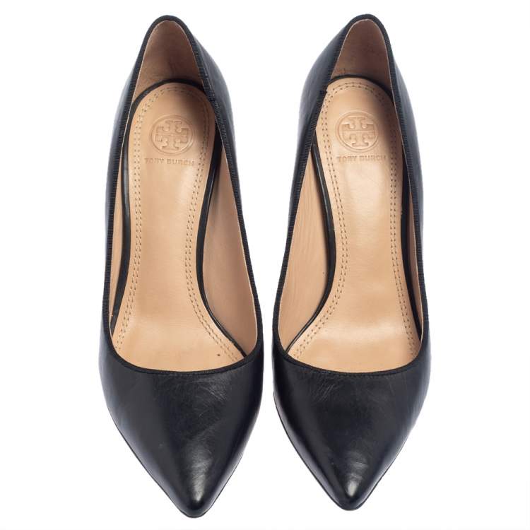 Pre Owned Tory Burch Black Leather Pointed Toe Pumps Size 39