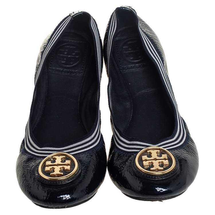 Pre Owned Tory Burch Navy Blue Patent Leather Croline Scrunch Ballet Flats Size 37