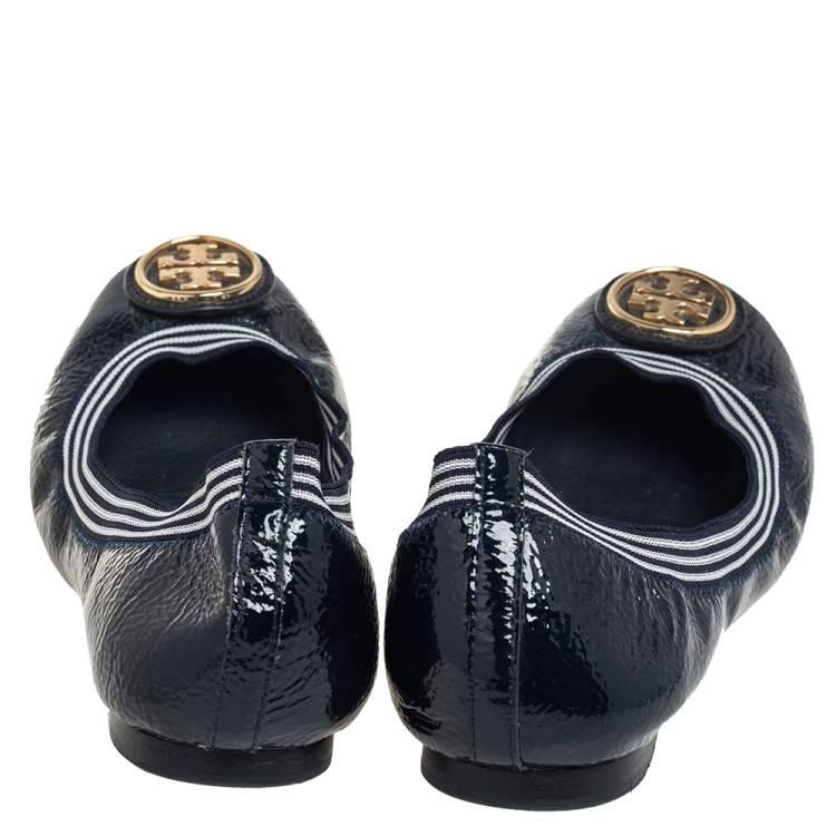 Pre Owned Tory Burch Navy Blue Patent Leather Croline Scrunch Ballet Flats Size 37