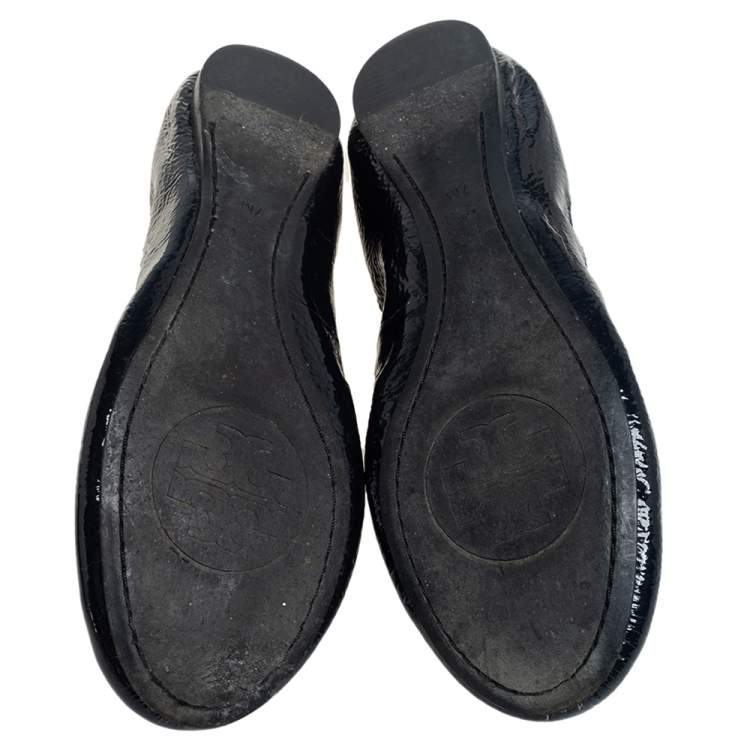 Pre Owned Tory Burch Navy Blue Patent Leather Croline Scrunch Ballet Flats Size 37