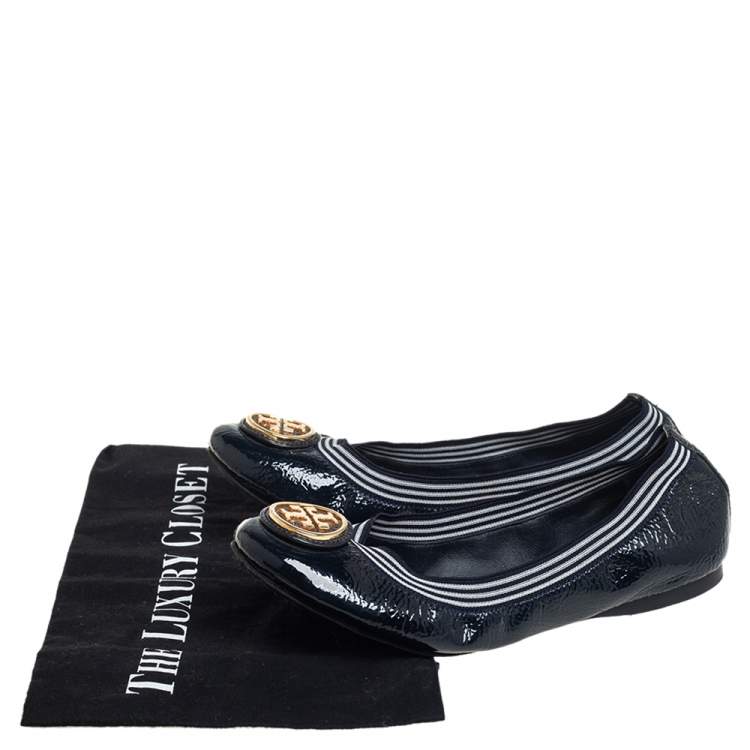 Pre Owned Tory Burch Navy Blue Patent Leather Croline Scrunch Ballet Flats Size 37