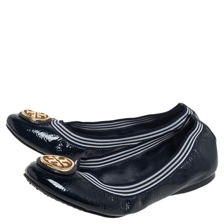 Pre Owned Tory Burch Navy Blue Patent Leather Croline Scrunch Ballet Flats Size 37