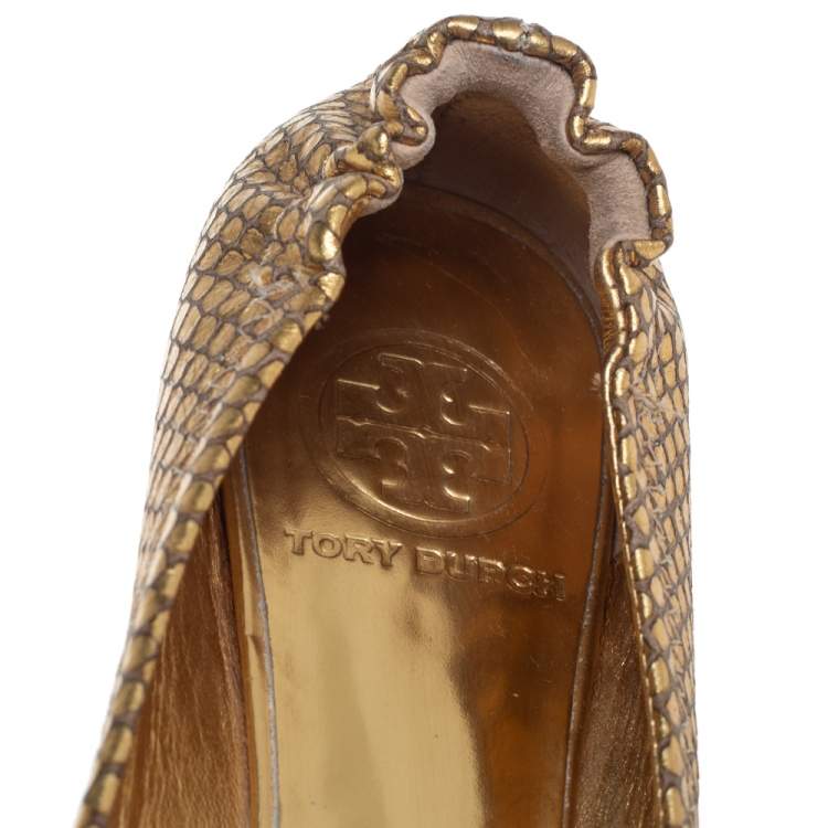 Pre Owned Tory Burch Gold Python Embossed Leather Ballet Flats Size 36.5