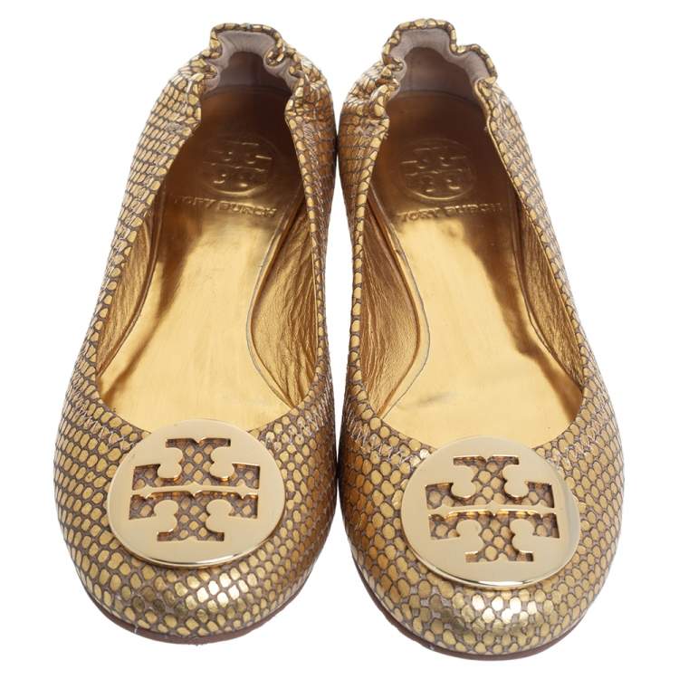 Pre Owned Tory Burch Gold Python Embossed Leather Ballet Flats Size 36.5