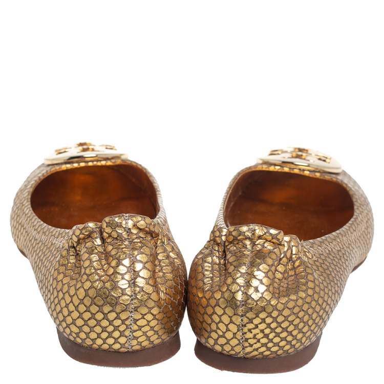 Pre Owned Tory Burch Gold Python Embossed Leather Ballet Flats Size 36.5