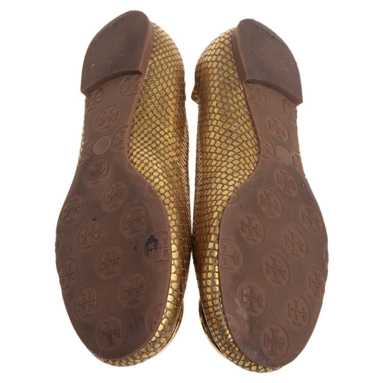Pre Owned Tory Burch Gold Python Embossed Leather Ballet Flats Size 36.5