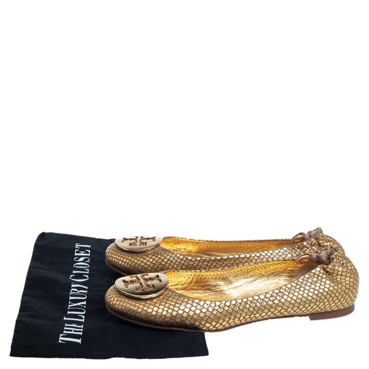 Pre Owned Tory Burch Gold Python Embossed Leather Ballet Flats Size 36.5