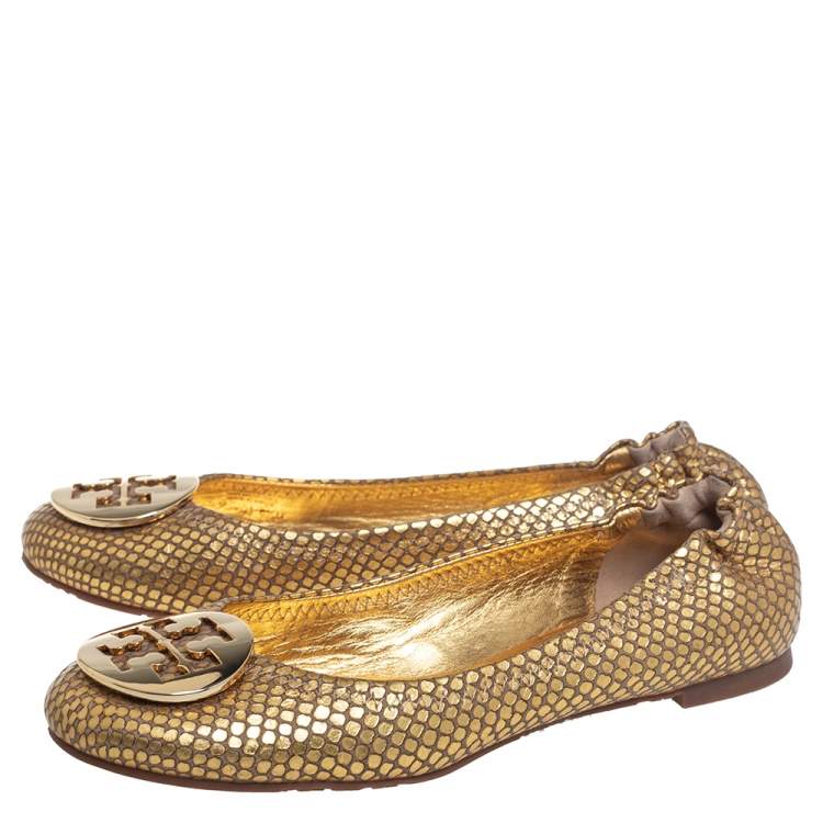 Pre Owned Tory Burch Gold Python Embossed Leather Ballet Flats Size 36.5