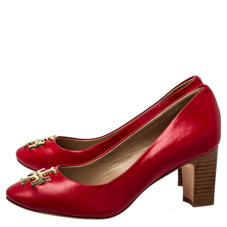 Pre Owned Tory Burch Red Leather T Logo Block Heel Slip On Pumps Size 38