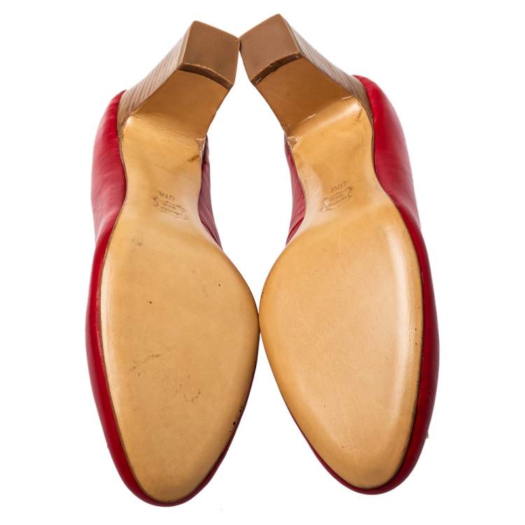 Pre Owned Tory Burch Red Leather T Logo Block Heel Slip On Pumps Size 38