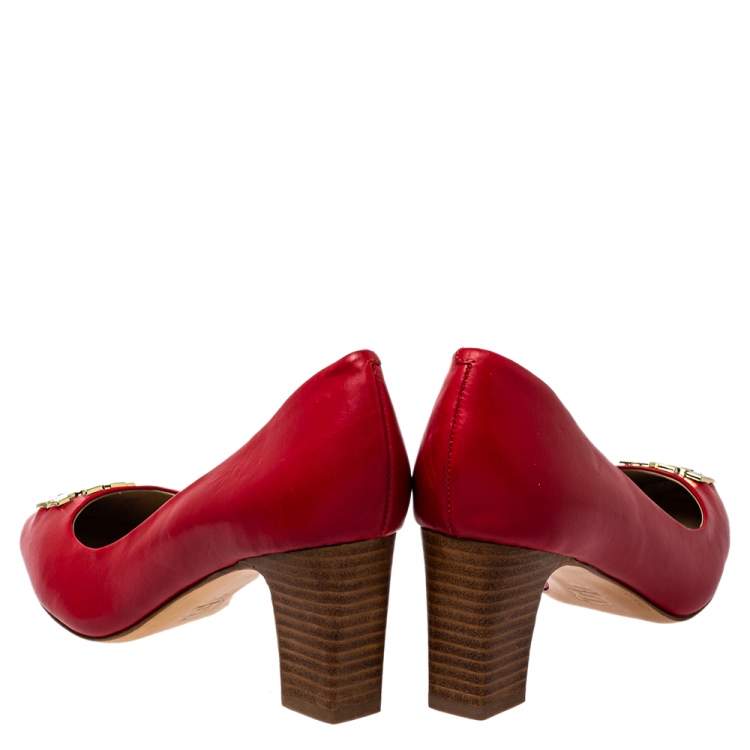 Pre Owned Tory Burch Red Leather T Logo Block Heel Slip On Pumps Size 38