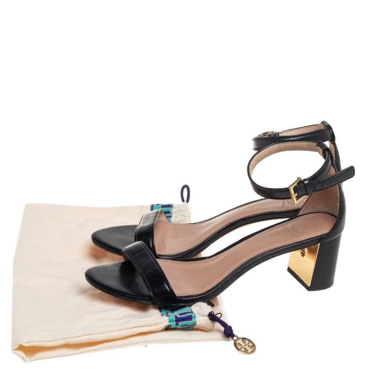 Pre Owned Tory Burch Black Leather Block Heel Ankle Strap Sandals Size 38