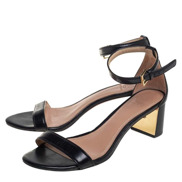 Pre Owned Tory Burch Black Leather Block Heel Ankle Strap Sandals Size 38