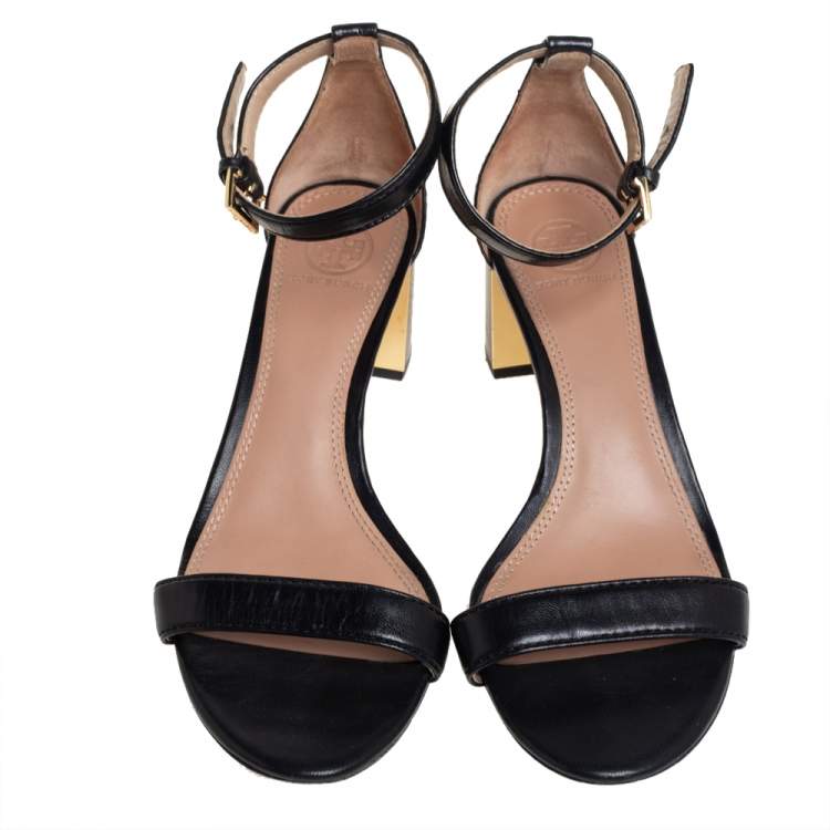 Pre Owned Tory Burch Black Leather Block Heel Ankle Strap Sandals Size 38