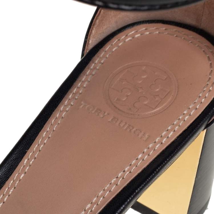 Pre Owned Tory Burch Black Leather Block Heel Ankle Strap Sandals Size 38