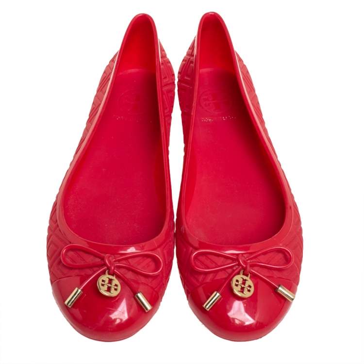 Pre Owned Tory Burch Red Rubber Bow Ballet Flats Size 37