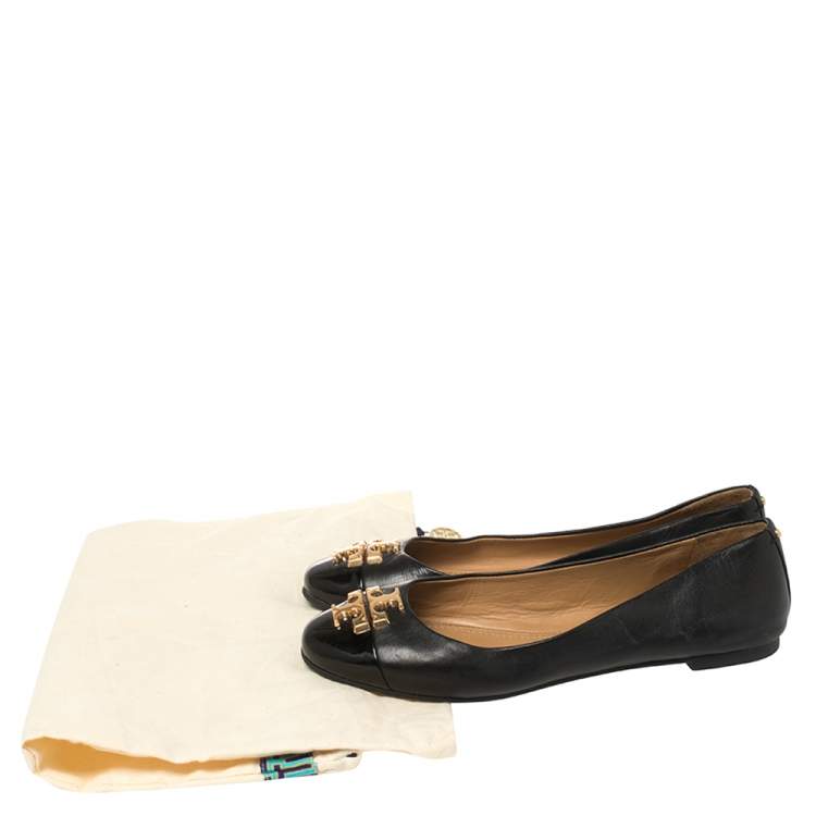 Pre Owned Tory Burch Black Leather and Patent Leather Jolie Ballet Flats Size 37
