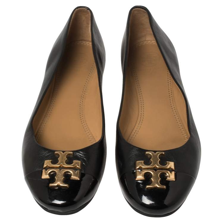 Pre Owned Tory Burch Black Leather and Patent Leather Jolie Ballet Flats Size 37