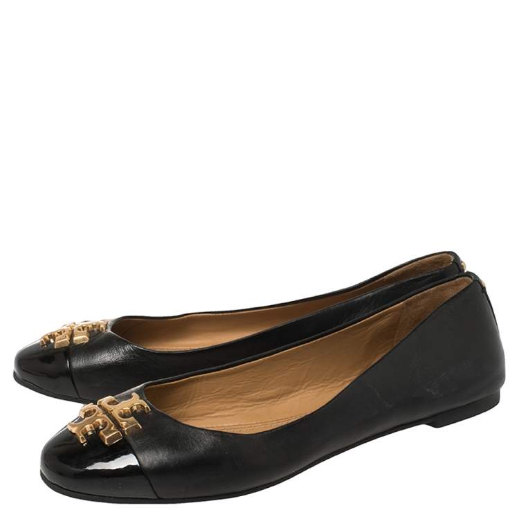 Pre Owned Tory Burch Black Leather and Patent Leather Jolie Ballet Flats Size 37