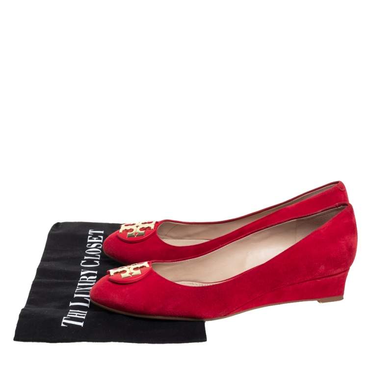 Pre Owned Tory Burch Red Suede Wedge Pumps Size 37.5