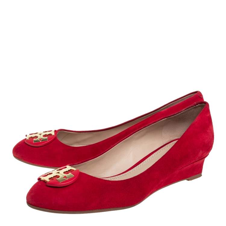 Pre Owned Tory Burch Red Suede Wedge Pumps Size 37.5