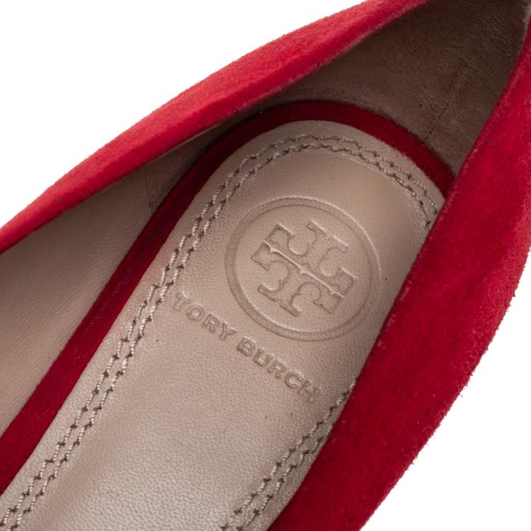Pre Owned Tory Burch Red Suede Wedge Pumps Size 37.5