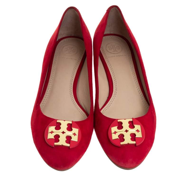 Pre Owned Tory Burch Red Suede Wedge Pumps Size 37.5