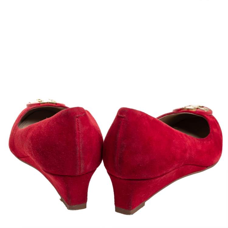 Pre Owned Tory Burch Red Suede Wedge Pumps Size 37.5