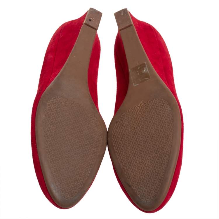 Pre Owned Tory Burch Red Suede Wedge Pumps Size 37.5