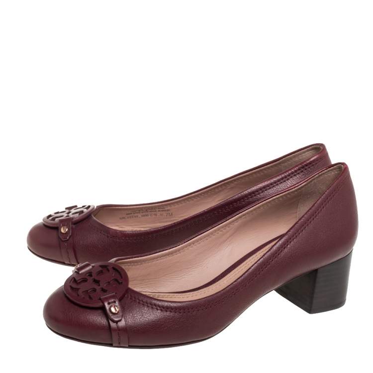 Pre Owned Tory Bruch Burgundy Leather Block Heel Pumps Size 37