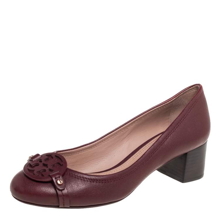 Pre Owned Tory Bruch Burgundy Leather Block Heel Pumps Size 37