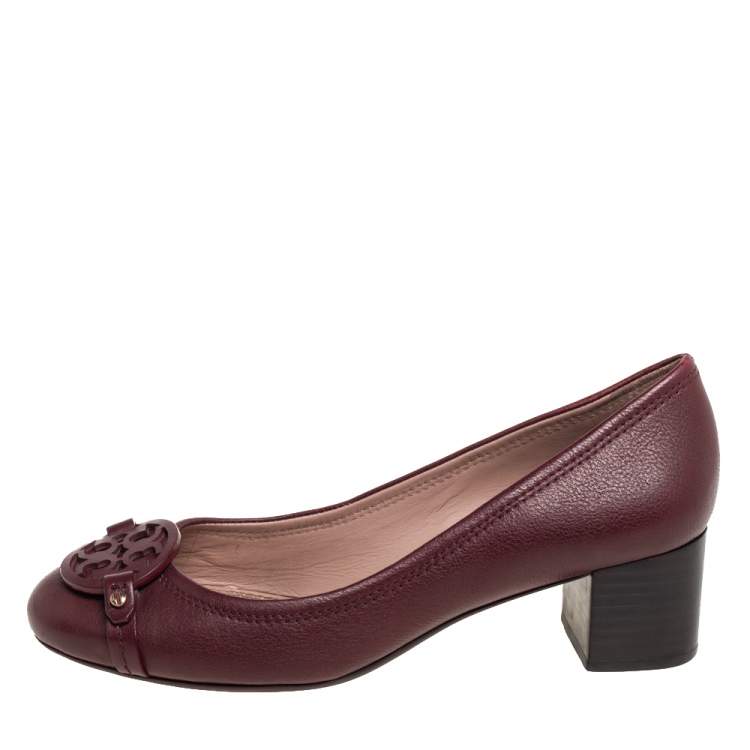 Pre Owned Tory Bruch Burgundy Leather Block Heel Pumps Size 37
