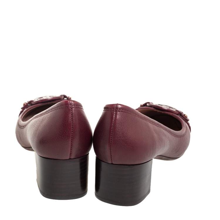Pre Owned Tory Bruch Burgundy Leather Block Heel Pumps Size 37